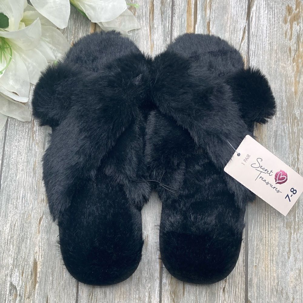 Fuzzy Black Luxurious Lug Sole Sandal Slippers Shoes Size 7/8